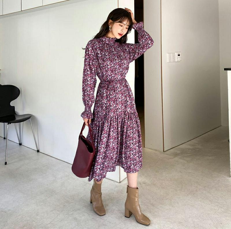 【只今15%OFF】ストラップ付裏起毛花柄ワンピース・全2色・b56264 レディース【ops】【韓国 ファッション ワンピース ロングワンピース 長袖 ロングスリーブ ハーフネック フリル シャーリング 花柄 裏起毛 ストラップ ルーズ ゆったり 大人 上品 秋 冬】