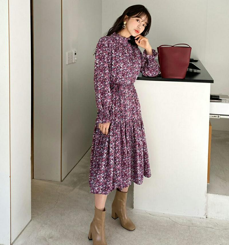 【只今15%OFF】ストラップ付裏起毛花柄ワンピース・全2色・b56264 レディース【ops】【韓国 ファッション ワンピース ロングワンピース 長袖 ロングスリーブ ハーフネック フリル シャーリング 花柄 裏起毛 ストラップ ルーズ ゆったり 大人 上品 秋 冬】