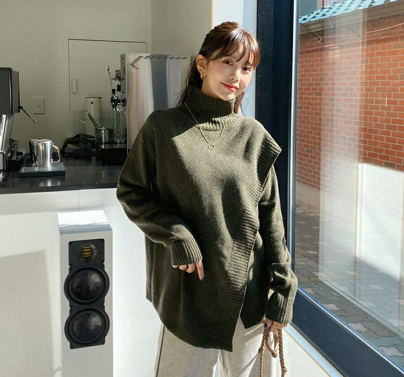 ダイアゴナルハイネックニット・全4色・b56260 レディース【tops】【韓国 ファッション トップス ニット ニットトップス ロングスリーブ 長袖 ハイネック ダイアゴナル スリット 斜め シンプル カジュアル ゆったり ルーズ 大人 上品 秋 冬】