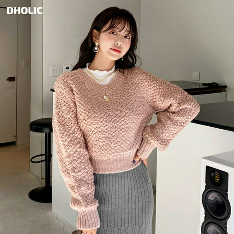 【只今15%OFF】リブヘムVネックニット・全4色・t56262 レディース【tops】【韓国 ファッション トップス ニット ニットトップス ロングスリーブ 長袖 Vネック 鎖骨 デコルテ リブ テクスチャー ユニーク 大人 上品 かわいい 秋 冬】