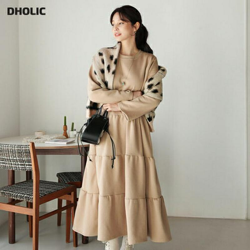 【只今10%OFF】裏起毛ティアードワンピース・全3色・b65123 レディース 【ops】【韓国 ファッション ワンピース ロング ラウンドネック 長袖 Tシャツ カットソー フレア Aライン ゆったり ルーズ 体型カバー マタニティ 無地 カジュアル 秋 冬】【ハイホリHIHOLLI】