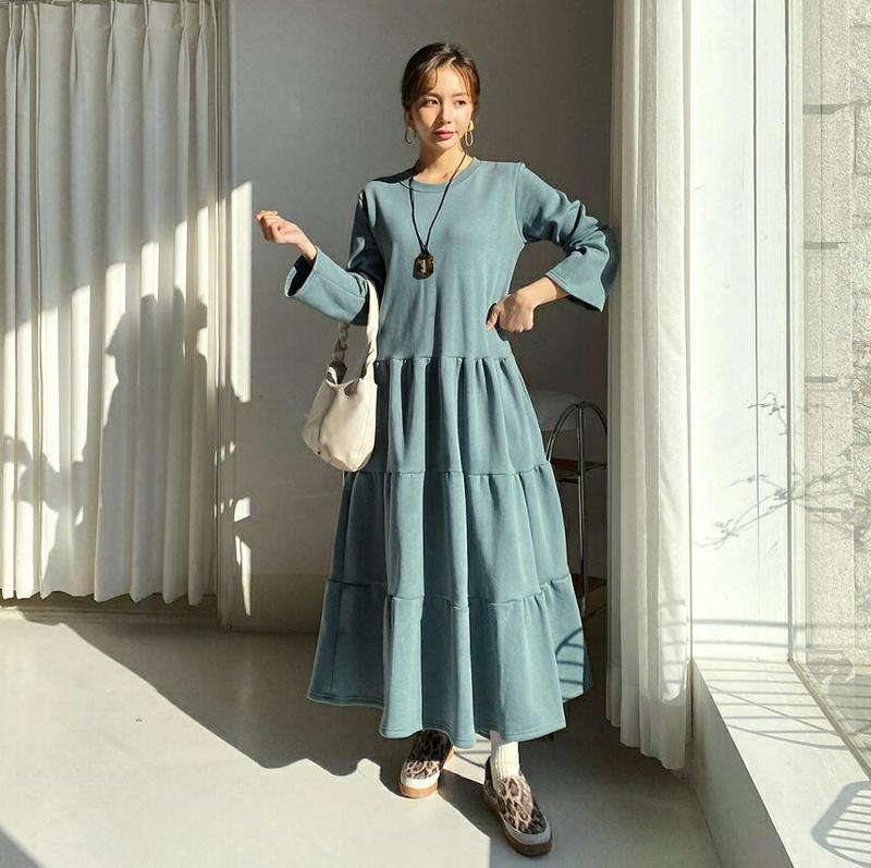 【只今10%OFF】裏起毛ティアードワンピース・全3色・b65123 レディース 【ops】【韓国 ファッション ワンピース ロング ラウンドネック 長袖 Tシャツ カットソー フレア Aライン ゆったり ルーズ 体型カバー マタニティ 無地 カジュアル 秋 冬】【ハイホリHIHOLLI】