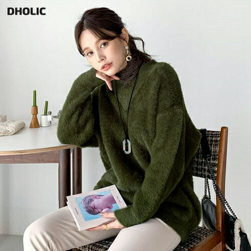 【只今15%OFF】ソフトVネックニット・全5色・b65136 レディース 【tops】【韓国 ファッション トップス ニット 長袖 シャギー もこもこ ファー ブークレ ソフト やわらかい 無地 ルーズ ゆったり ロング 体型カバー お尻カバー カジュアル 秋 冬】【ハイホリHIHOLLI】