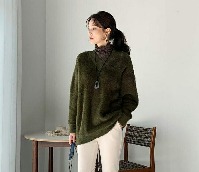 【只今15%OFF】ソフトVネックニット・全5色・b65136 レディース 【tops】【韓国 ファッション トップス ニット 長袖 シャギー もこもこ ファー ブークレ ソフト やわらかい 無地 ルーズ ゆったり ロング 体型カバー お尻カバー カジュアル 秋 冬】【ハイホリHIHOLLI】