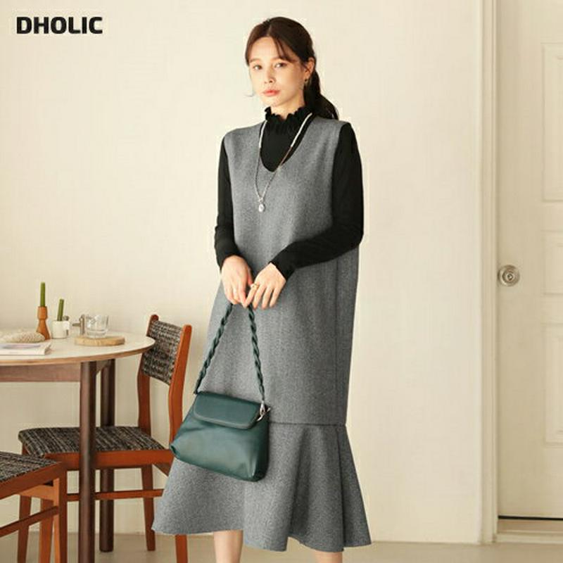 【只今15%OFF】ヘリンボーンフレアヘムワンピース・全3色・b65143 レディース 【ops】【韓国 ファッション ワンピース ロング Vネック ノースリーブ スリーブレス Hライン ラッフルヘム ルーズ ゆったり 体型カバー 大人 上品 カジュアル 秋 冬】【ハイホリHIHOLLI】