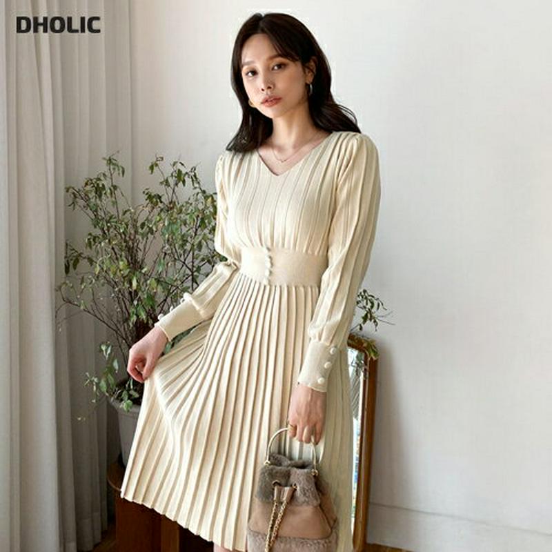 【只今15%OFF】プリーツニットフレアワンピース・全2色・b65133 レディース 【ops】【韓国 ファッション ワンピース ミディ ミディアム ミドル 膝丈 ニット 長袖 フレア Aライン 無地　大人 上品 カジュアル 秋 冬】【ハイホリHIHOLLI】