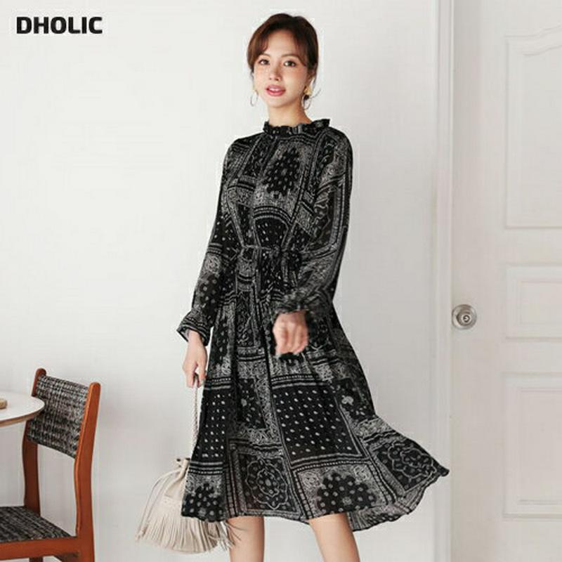 ストラップ付ペイズリーワンピース・全2色・b65130 レディース 【ops】【韓国 ファッション ワンピース ロング モックネック ハーフネック 長袖 パフスリーブ フレア Aライン パターン 柄 ハンカチ スカーフパターン カジュアル 秋 冬】【ハイホリHIHOLLI】