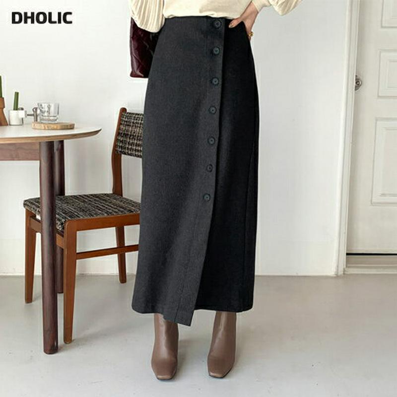 【只今10%OFF】ボタンHラインスカート・全2色・t65148 レディース 【sk】【韓国 ファッション ボトムス スカート ロング マキシ 無地 スリム 細身 タイトスカート ペンシルスカート 大人 スリット カジュアル 秋 冬】【ハイホリHIHOLLI】