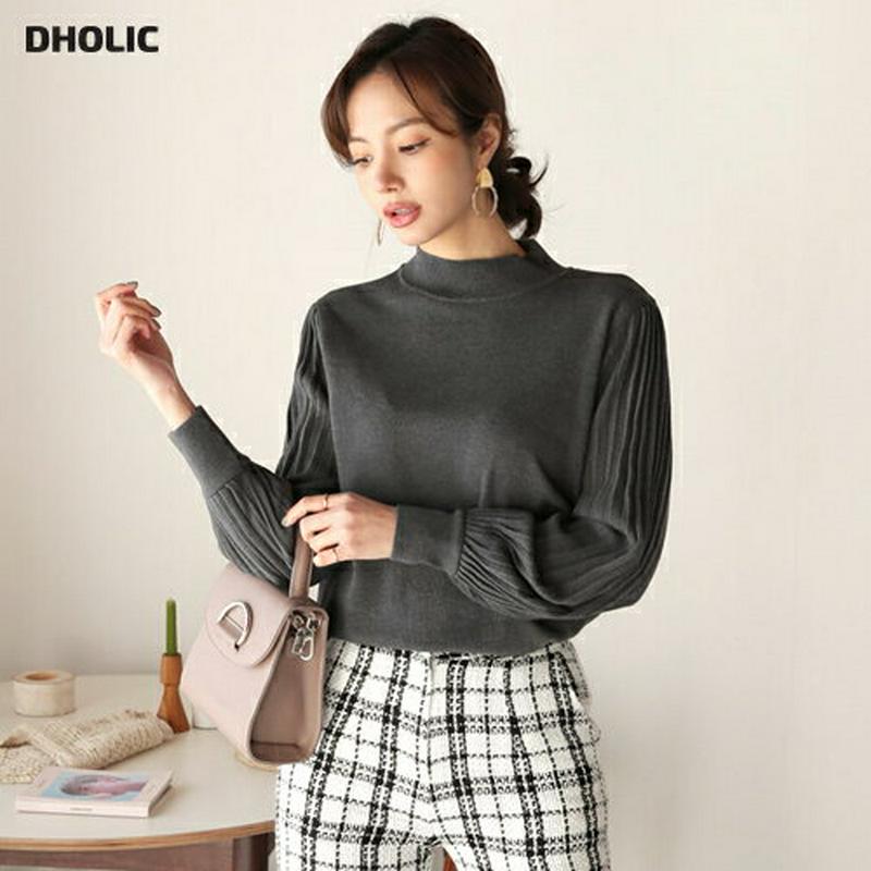 【只今15%OFF】スリーブプリーツニット・全5色・b65128 レディース 【tops】【韓国 ファッション トップス ニット ハーフネック モックネック 長袖 パフスリーブ ぼわん袖 ボリューム袖 ハイゲージ 無地 カジュアル 秋 冬】【ハイホリHIHOLLI】
