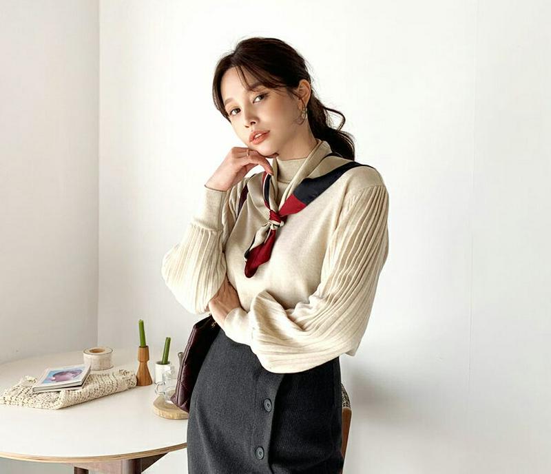 【只今15%OFF】スリーブプリーツニット・全5色・b65128 レディース 【tops】【韓国 ファッション トップス ニット ハーフネック モックネック 長袖 パフスリーブ ぼわん袖 ボリューム袖 ハイゲージ 無地 カジュアル 秋 冬】【ハイホリHIHOLLI】