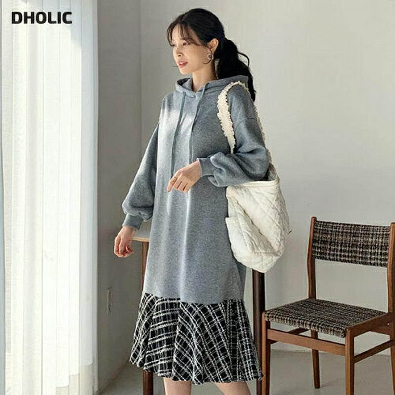 【只今15%OFF】裏起毛ツイードヘムフードワンピース・全2色・t65131 レディース 【ops】【韓国 ファッション ワンピース　ロング Tシャツ パーカー スウェット トレーナー カットソー フード ルーズ ゆったり 体型カバー カジュアル 秋 冬】【ハイホリHIHOLLI】