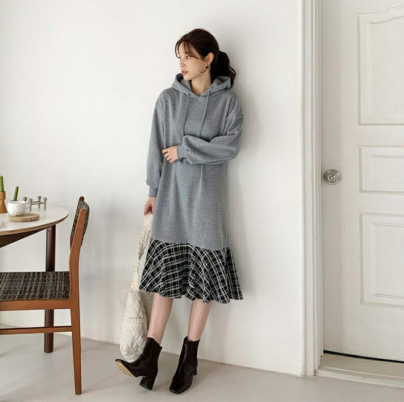 【只今15%OFF】裏起毛ツイードヘムフードワンピース・全2色・t65131 レディース 【ops】【韓国 ファッション ワンピース　ロング Tシャツ パーカー スウェット トレーナー カットソー フード ルーズ ゆったり 体型カバー カジュアル 秋 冬】【ハイホリHIHOLLI】