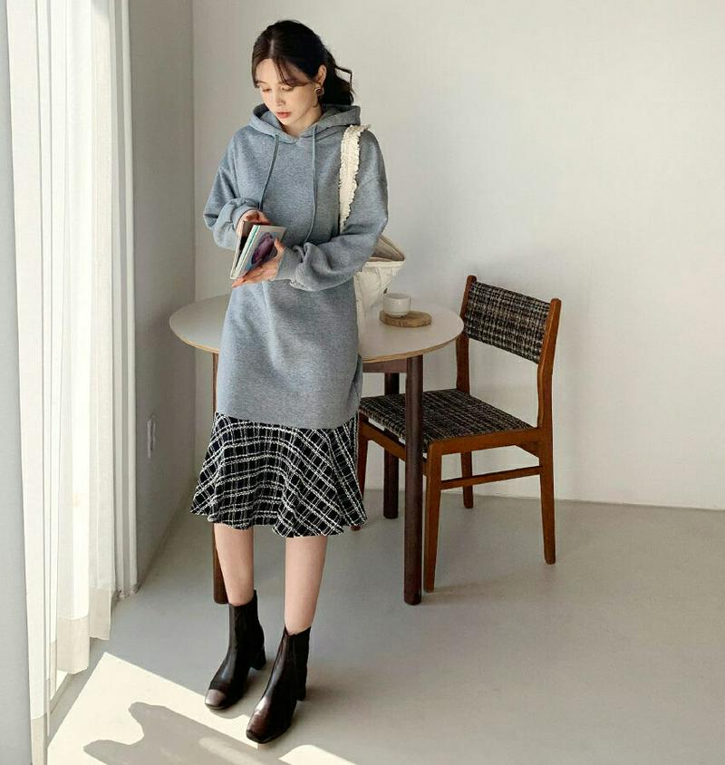 【只今15%OFF】裏起毛ツイードヘムフードワンピース・全2色・t65131 レディース 【ops】【韓国 ファッション ワンピース　ロング Tシャツ パーカー スウェット トレーナー カットソー フード ルーズ ゆったり 体型カバー カジュアル 秋 冬】【ハイホリHIHOLLI】