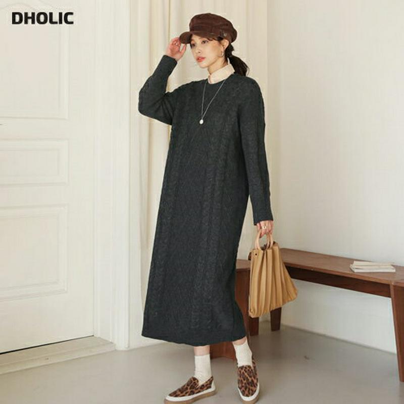 【只今15%OFF】ダイヤパターンニットワンピース・全3色・t65140 レディース【ops】【韓国 ファッション ワンピース ロングワンピース ニットワンピース 長袖 ラウンドネック ダイヤモンド ツイスト ルーズ リブ ゆったり カジュアル 大人 秋 冬】【ハイホリHIHOLLI】