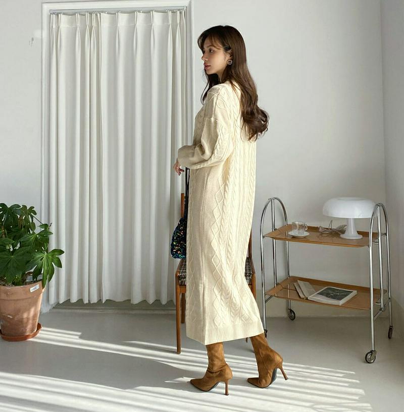 【只今15%OFF】ダイヤパターンニットワンピース・全3色・t65140 レディース【ops】【韓国 ファッション ワンピース ロングワンピース ニットワンピース 長袖 ラウンドネック ダイヤモンド ツイスト ルーズ リブ ゆったり カジュアル 大人 秋 冬】【ハイホリHIHOLLI】