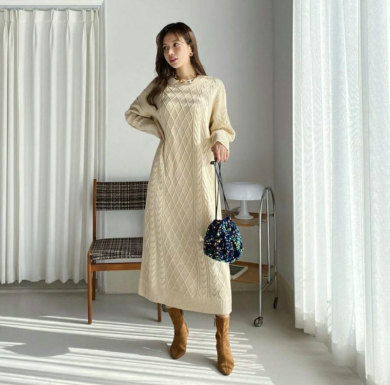 【只今15%OFF】ダイヤパターンニットワンピース・全3色・t65140 レディース【ops】【韓国 ファッション ワンピース ロングワンピース ニットワンピース 長袖 ラウンドネック ダイヤモンド ツイスト ルーズ リブ ゆったり カジュアル 大人 秋 冬】【ハイホリHIHOLLI】