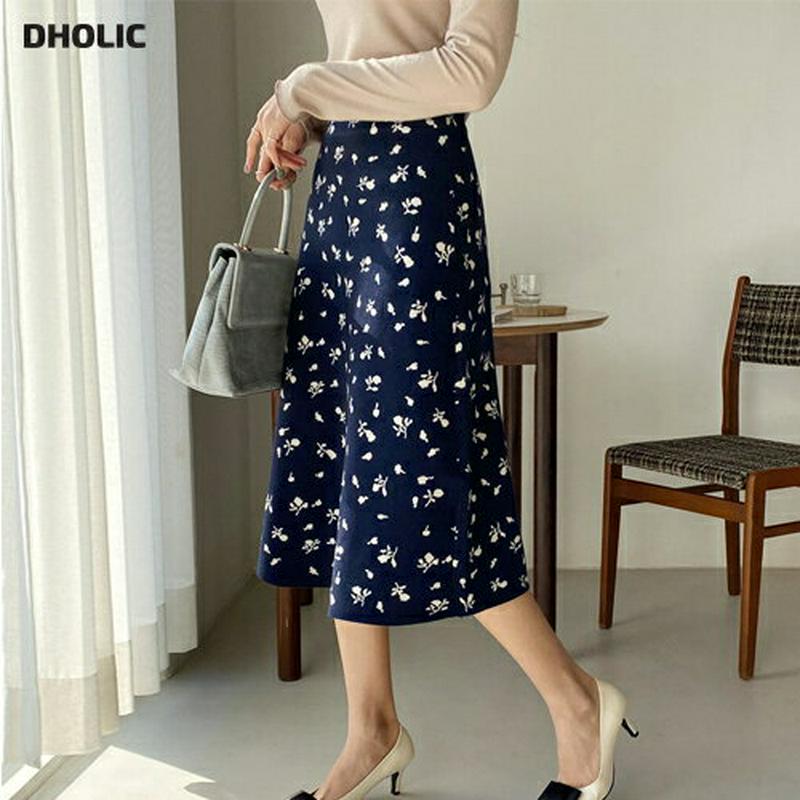 【只今10%OFF】フラワーニットスカート・全2色・b65149 レディース【sk】【韓国 ファッション ボトムス スカート ロング丈 ロングスカート ニットスカート ウエストゴム 花柄 フラワー シンプル フェミニン 大人 上品 秋 冬】【ハイホリHIHOLLI】