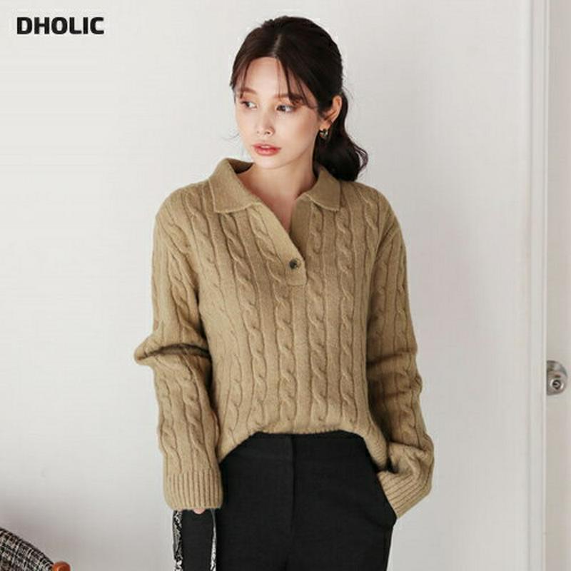 【只今10%OFF】カラーネックツイストニット・全4色・t65126 レディース【tops】【韓国 ファッション トップス ニット ニットトップス ロングスリーブ 長袖 Vネック 襟付き 鎖骨 デコルテ ボタン ツイスト シンプル カジュアル 大人 秋 冬】【ハイホリHIHOLLI】