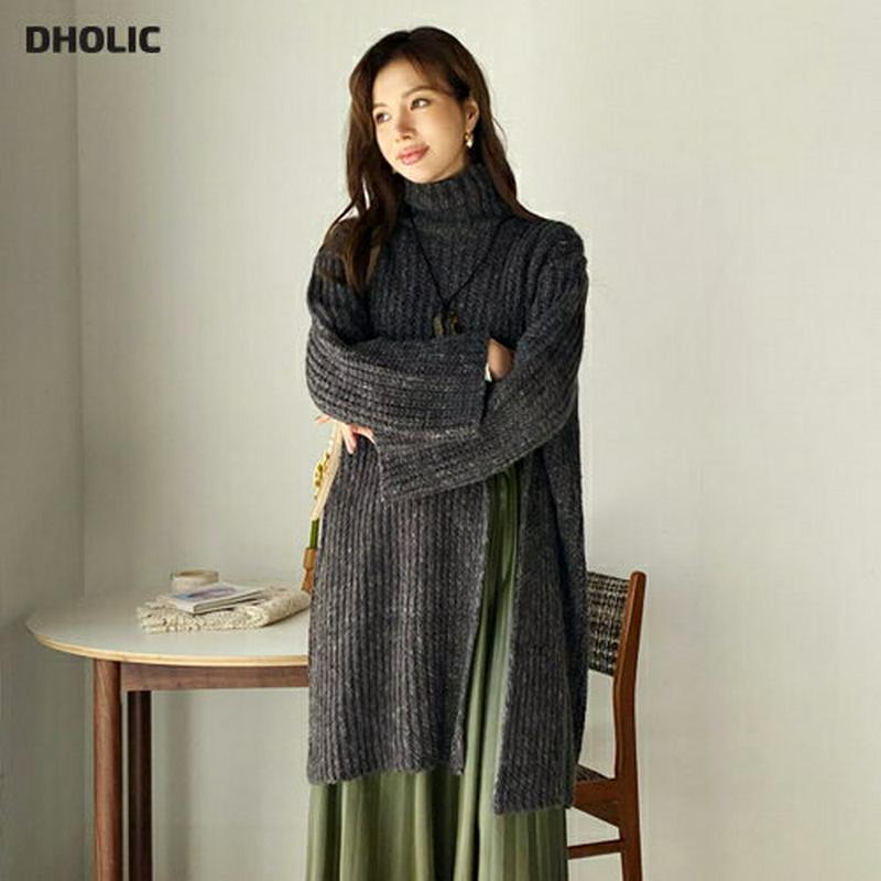 【只今15%OFF】ハイネックスリットロングニット・全2色・t65135 レディース【tops】【韓国 ファッション トップス ニット ニットトップス ロング丈 ロングニット 長袖 ハイネック スリット レイヤード ゆったり シンプル カジュアル 大人 上品 秋 冬】【ハイホリHIHOLLI】