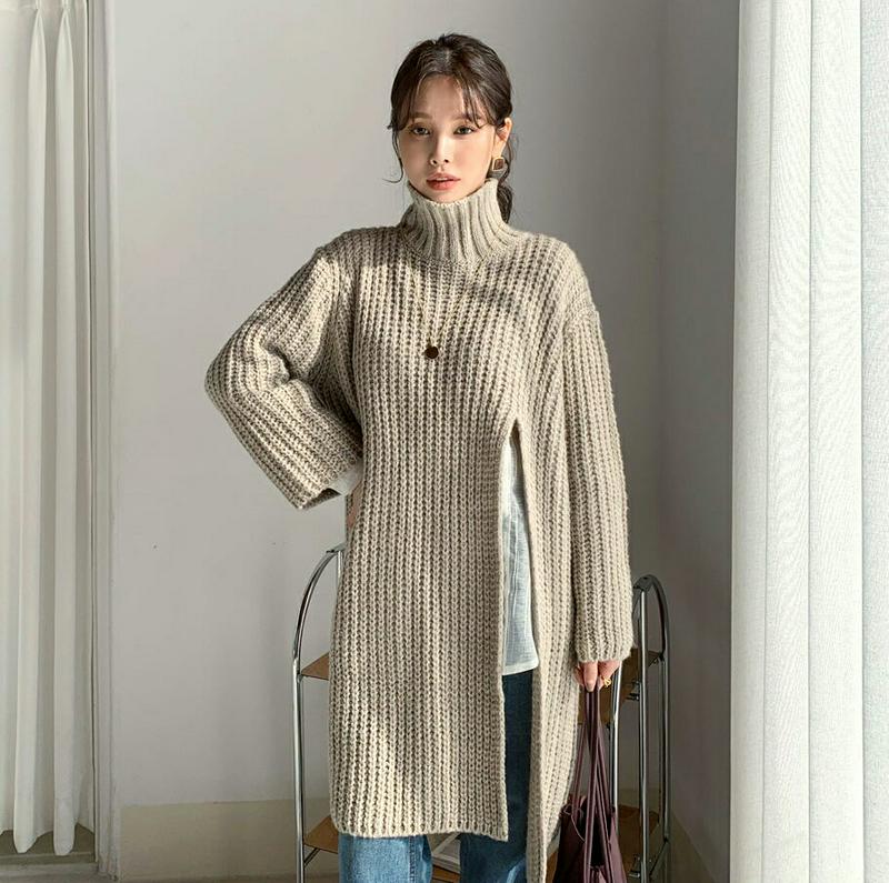 【只今15%OFF】ハイネックスリットロングニット・全2色・t65135 レディース【tops】【韓国 ファッション トップス ニット ニットトップス ロング丈 ロングニット 長袖 ハイネック スリット レイヤード ゆったり シンプル カジュアル 大人 上品 秋 冬】【ハイホリHIHOLLI】