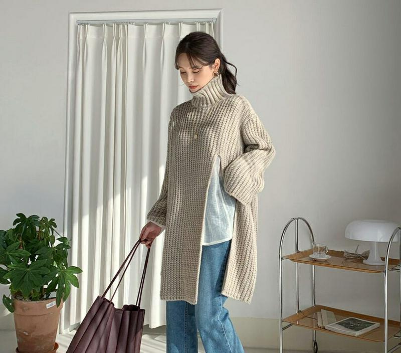 【只今15%OFF】ハイネックスリットロングニット・全2色・t65135 レディース【tops】【韓国 ファッション トップス ニット ニットトップス ロング丈 ロングニット 長袖 ハイネック スリット レイヤード ゆったり シンプル カジュアル 大人 上品 秋 冬】【ハイホリHIHOLLI】