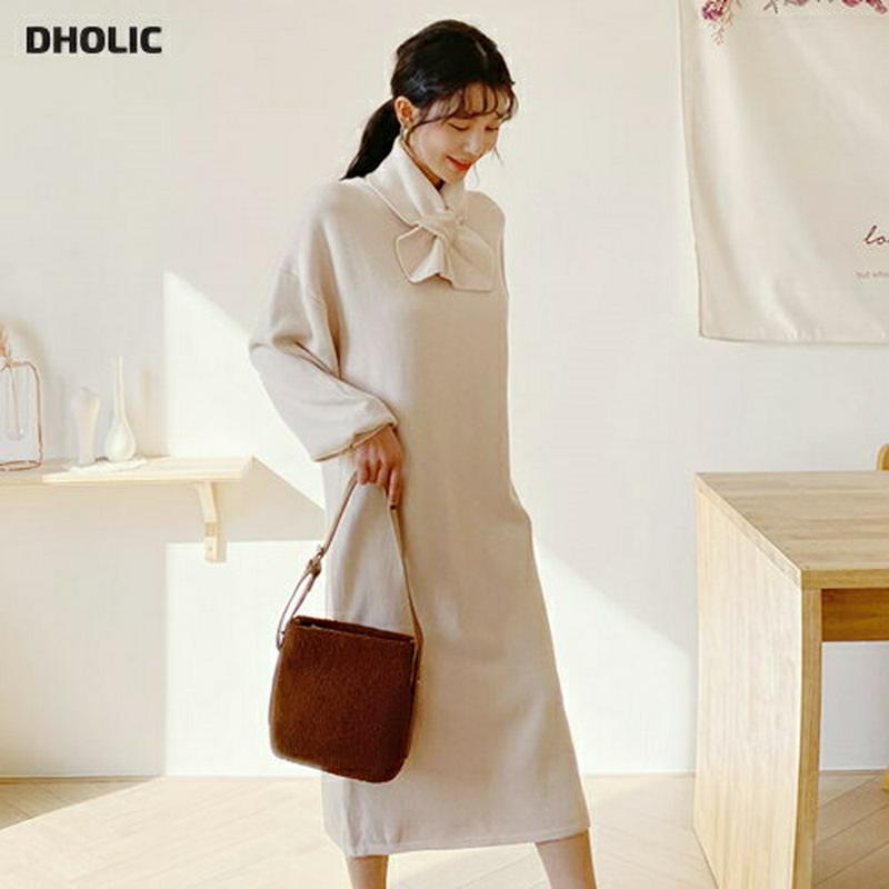 【只今15%OFF】マフラー付ニットワンピース・全3色・b61883 レディース【ops】【韓国 ファッション ワンピース ロングワンピース ニットワンピース 長袖 ロングスリーブ ラウンドネック ルーズ Hライン マフラー シンプル 単色 無地 カジュアル ゆったり ラフ 秋 冬】