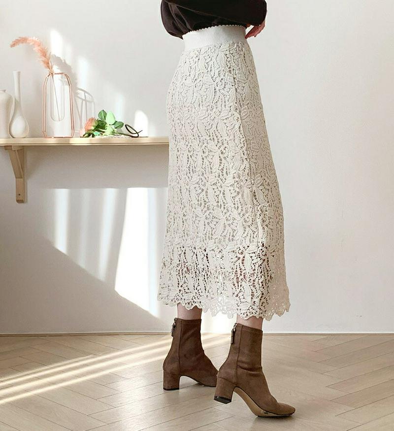 【只今10%OFF】レースフレアスカート・全2色・t61861 レディース【sk】【韓国 ファッション ボトムス スカート ロング丈 ロングスカート レース 総レース フレア フレアスカート Aライン ウエストゴム シンプル 上品 大人 秋 冬】