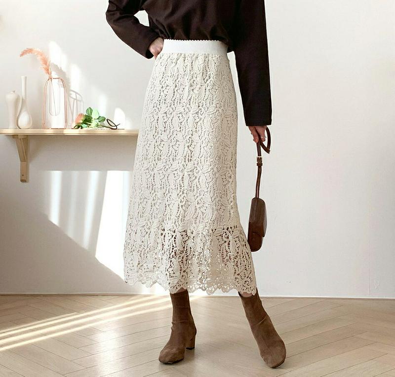 【只今10%OFF】レースフレアスカート・全2色・t61861 レディース【sk】【韓国 ファッション ボトムス スカート ロング丈 ロングスカート レース 総レース フレア フレアスカート Aライン ウエストゴム シンプル 上品 大人 秋 冬】
