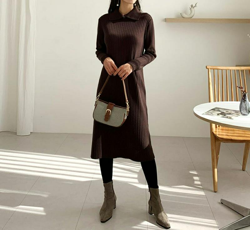 【只今15%OFF】ボタンネックリブワンピース・全3色・b61847 レディース【ops】【韓国 ファッション ワンピース ロングワンピース 長袖 ロングスリーブ タートルネック ボタン リブ シンプル カジュアル 単色 無地 ラフ 秋 冬】