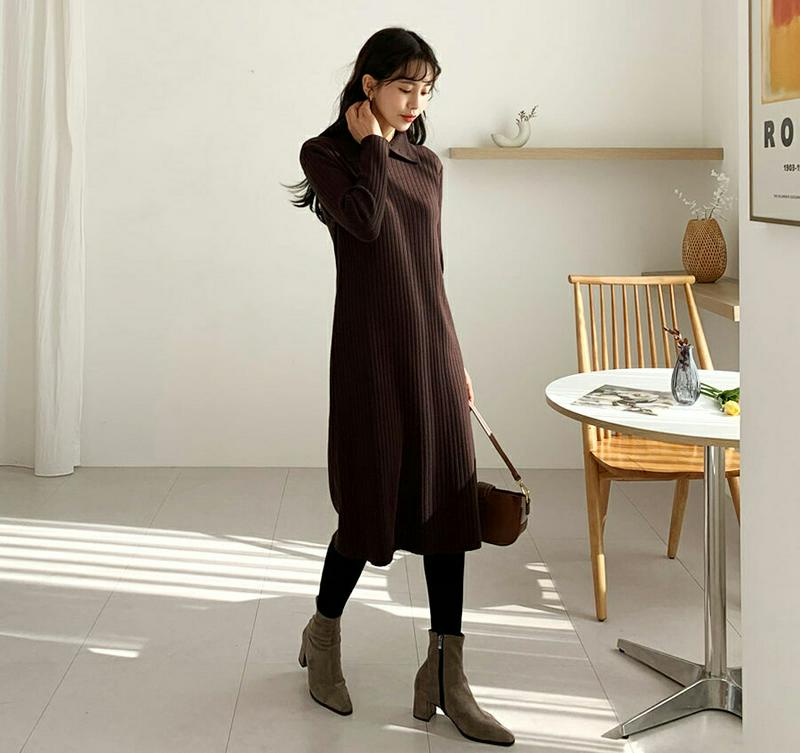 【只今15%OFF】ボタンネックリブワンピース・全3色・b61847 レディース【ops】【韓国 ファッション ワンピース ロングワンピース 長袖 ロングスリーブ タートルネック ボタン リブ シンプル カジュアル 単色 無地 ラフ 秋 冬】