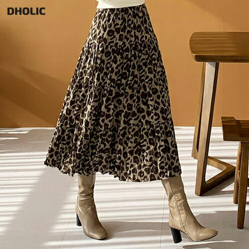 レオパードティアードスカート・全2色・t61891 レディース【sk】【韓国 ファッション ボトムス スカート ロング丈 ロングスカート ティアード レオパード柄 ヒョウ柄 ウエストゴム 楽ちん リンクル 揺れ感 ゆったり 体型カバー 大人 秋 冬】