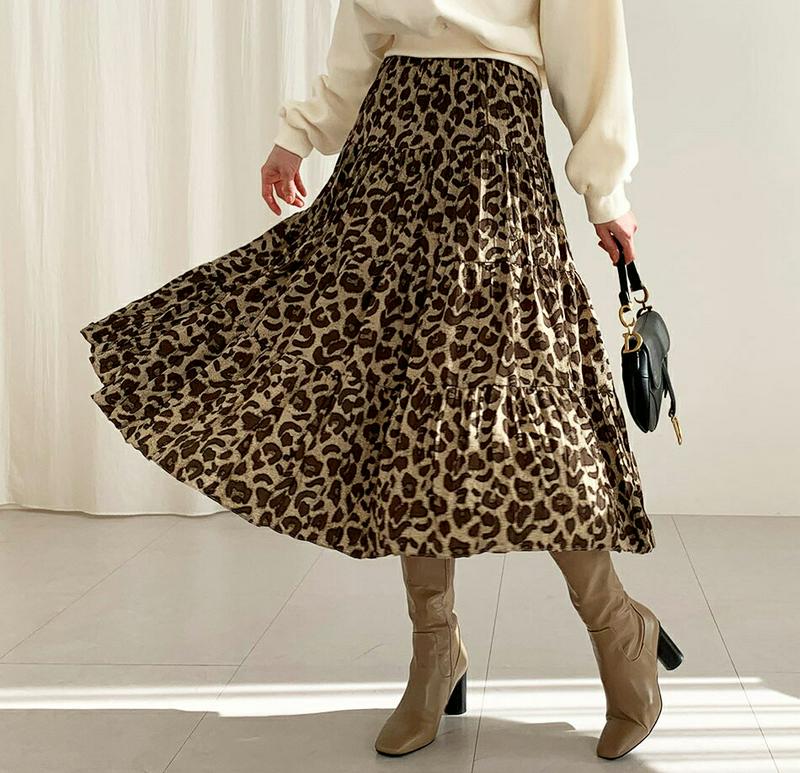 レオパードティアードスカート・全2色・t61891 レディース【sk】【韓国 ファッション ボトムス スカート ロング丈 ロングスカート ティアード レオパード柄 ヒョウ柄 ウエストゴム 楽ちん リンクル 揺れ感 ゆったり 体型カバー 大人 秋 冬】