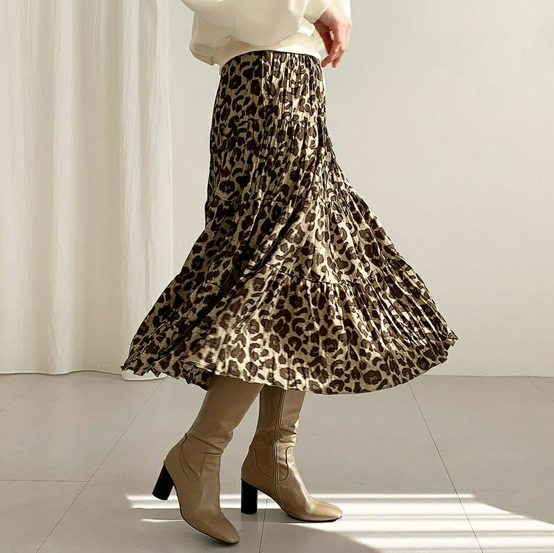 レオパードティアードスカート・全2色・t61891 レディース【sk】【韓国 ファッション ボトムス スカート ロング丈 ロングスカート ティアード レオパード柄 ヒョウ柄 ウエストゴム 楽ちん リンクル 揺れ感 ゆったり 体型カバー 大人 秋 冬】
