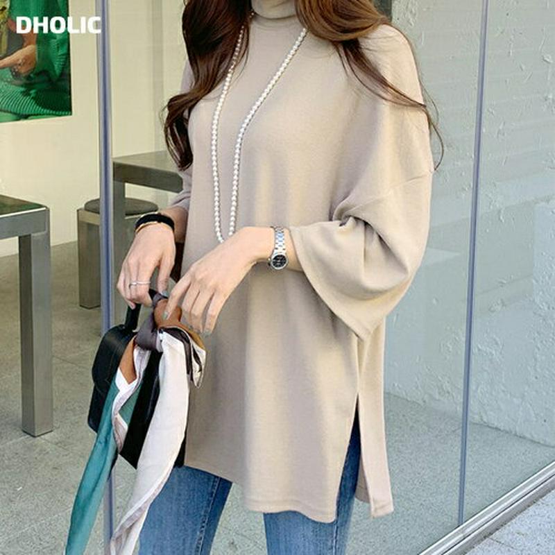 裏起毛ハイネックTシャツ・全4色・t65174 レディース 【tops】【韓国 ファッション トップス Tシャツ タートルネック 長袖 ロング ロンT サイドスリット ルーズ ゆったり オーバーサイズ 体型カバー お尻カバー カジュアル 秋 冬】【ハイホリHIHOLLI】