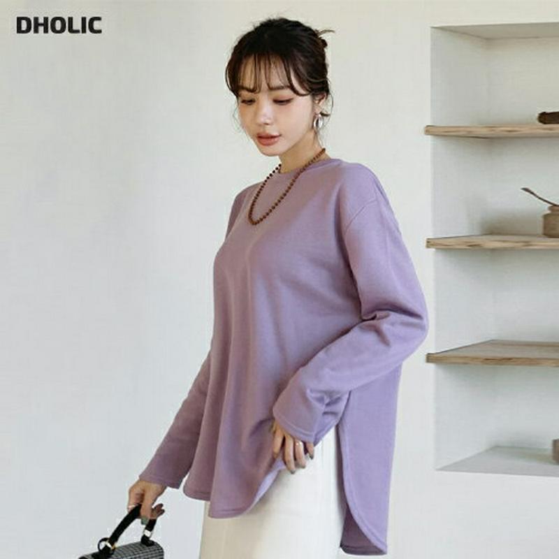 裏起毛バックスリットTシャツ・全4色・b65172 レディース 【tops】【韓国 ファッション トップス Tシャツ カットソー 長袖 ロングスリーブ ラウンドヘム 無地 ルーズ ゆったり オーバーサイズ 体型カバー カジュアル 秋 冬】【ハイホリHIHOLLI】
