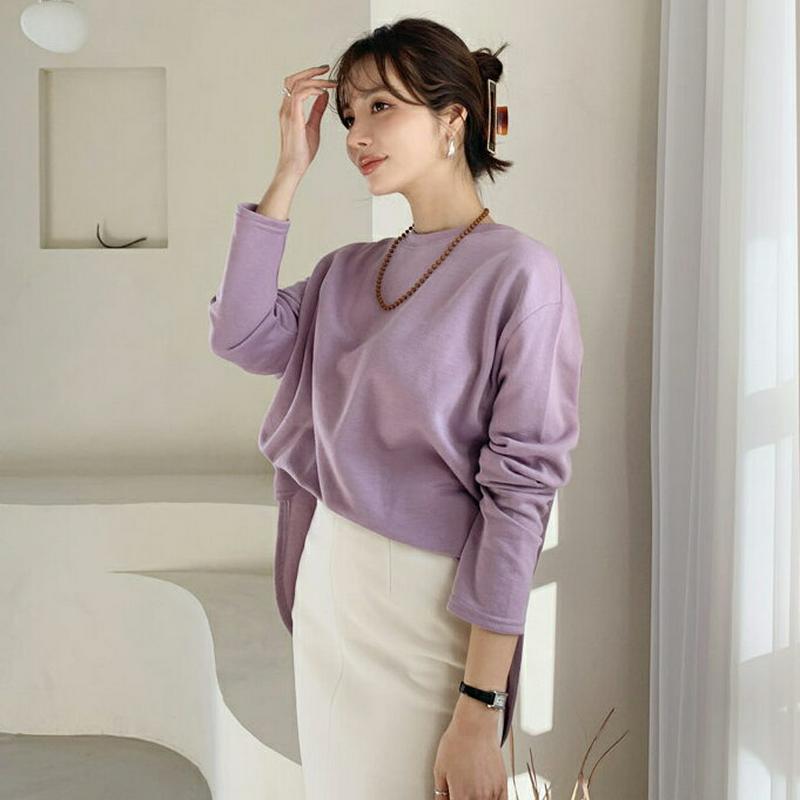 裏起毛バックスリットTシャツ・全4色・b65172 レディース 【tops】【韓国 ファッション トップス Tシャツ カットソー 長袖 ロングスリーブ ラウンドヘム 無地 ルーズ ゆったり オーバーサイズ 体型カバー カジュアル 秋 冬】【ハイホリHIHOLLI】