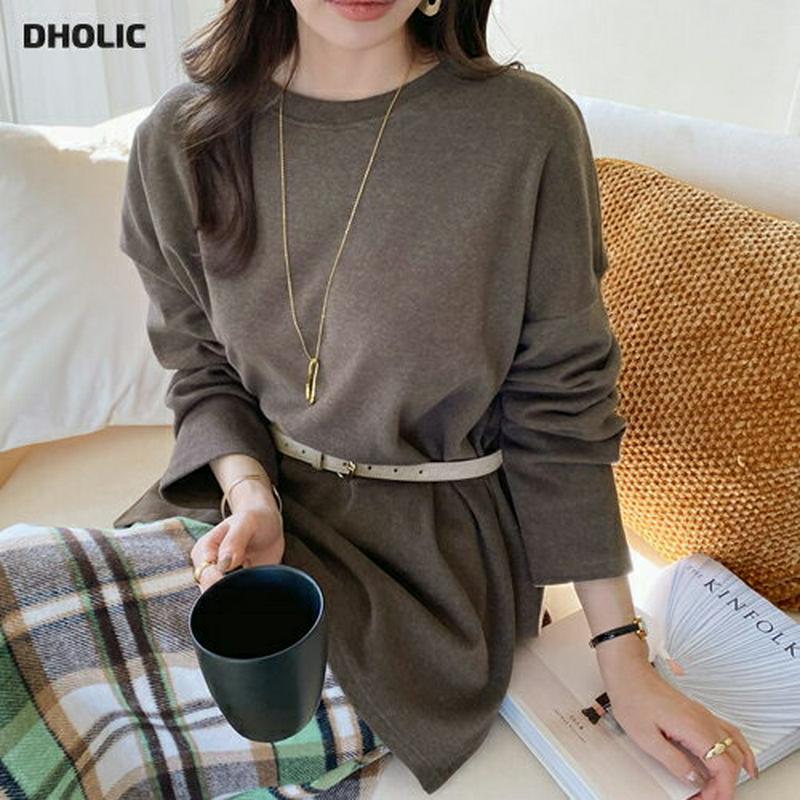 ピーチ起毛スリットTシャツ・全5色・b65173 レディース 【tops】【韓国 ファッション トップス Tシャツ カットソー ラウンドネック　長袖 ロング ルーズ ゆったり 体型カバー お尻カバー 無地 ドロップショルダー カジュアル 秋 冬】【ハイホリHIHOLLI】