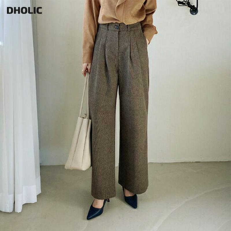 チェックワイドスラックス・全3色・t65194 レディース 【pt】【韓国 ファッション ボトムス パンツ スラックス ロング フルレングス 10分丈 十分丈 ワイド ストレート ツータック 体型カバー 脚長 着痩せ 効果 大人 カジュアル 秋 冬】【ハイホリHIHOLLI】