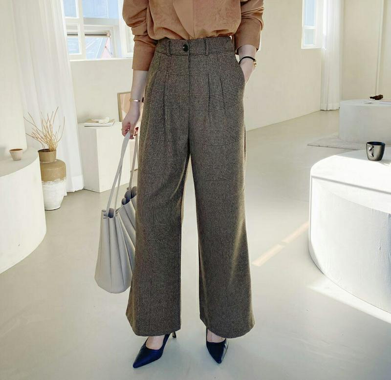 チェックワイドスラックス・全3色・t65194 レディース 【pt】【韓国 ファッション ボトムス パンツ スラックス ロング フルレングス 10分丈 十分丈 ワイド ストレート ツータック 体型カバー 脚長 着痩せ 効果 大人 カジュアル 秋 冬】【ハイホリHIHOLLI】