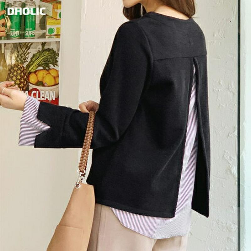ストライプコントラストTシャツ・全3色・t65171 レディース 【tops】【韓国 ファッション トップス Tシャツ ラウンドネック バックシャン バックコンシャス バックスリット レイヤード調 レイヤード風 カジュアル 秋 冬】【ハイホリHIHOLLI】