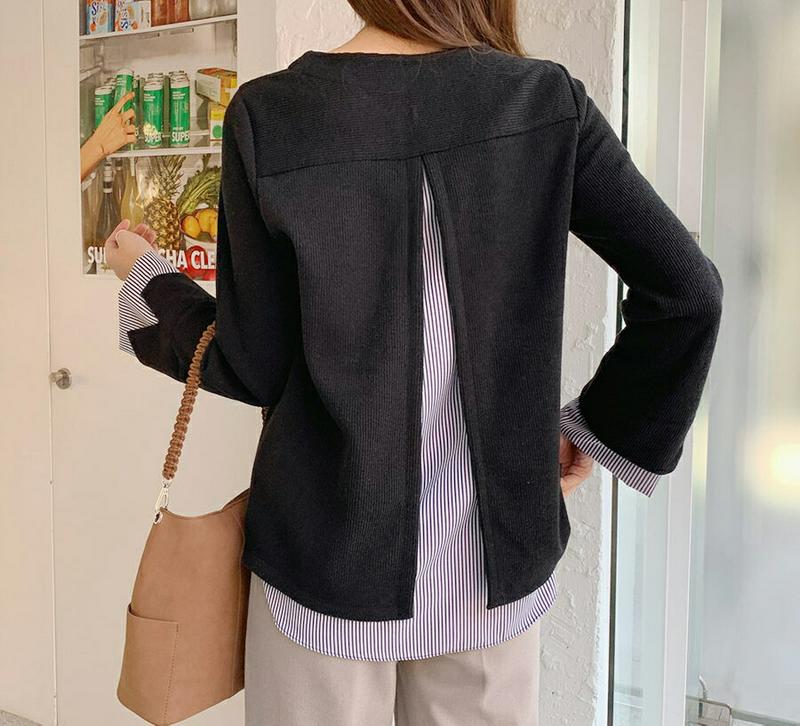 ストライプコントラストTシャツ・全3色・t65171 レディース 【tops】【韓国 ファッション トップス Tシャツ ラウンドネック バックシャン バックコンシャス バックスリット レイヤード調 レイヤード風 カジュアル 秋 冬】【ハイホリHIHOLLI】