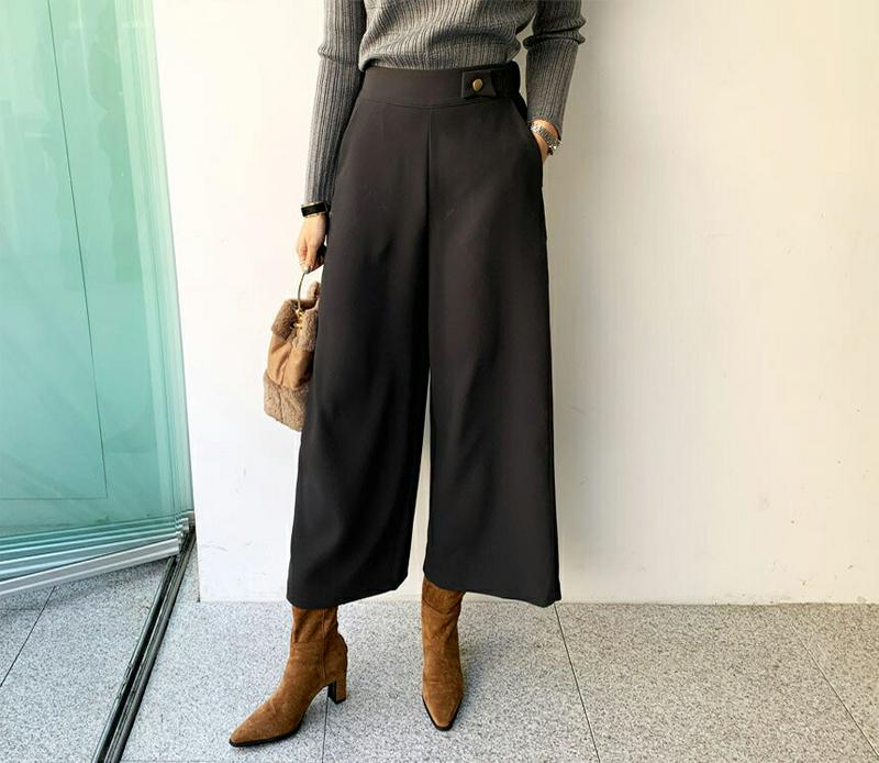 サイドボタンスラックス・全3色・b65192 レディース 【pt】【韓国 ファッション ボトムス スラックス パンツ 9分丈 九分丈 ストレート ワイド ハイウエスト オフィス オフィスカジュアル 無地 カジュアル 秋 冬】【ハイホリHIHOLLI】
