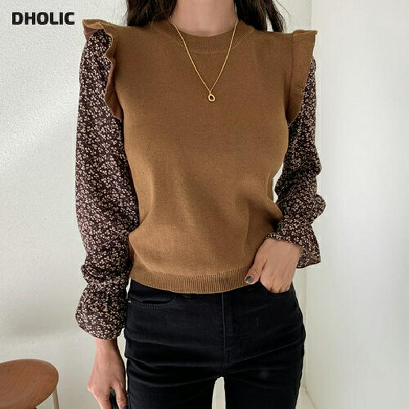 フローラルスリーブフリルニット・全3色・b64508 レディース【tops】【韓国 ファッション トップス ニット ニットトップス ロングスリーブ 長袖 ラウンドネック 花柄 異素材 フリル リブ 配色 コントラスト シンプル 大人 ガーリー 秋 冬】