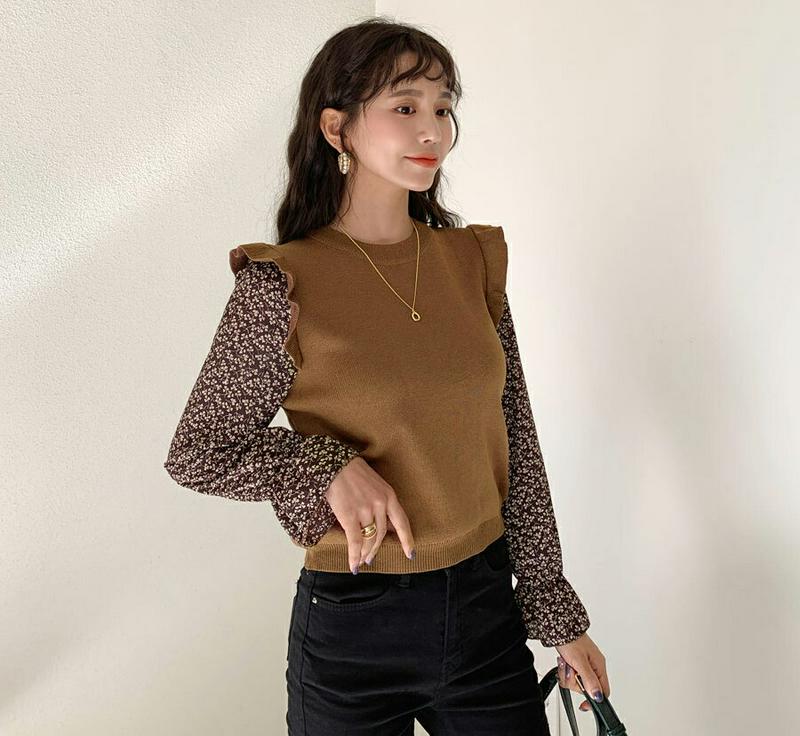 フローラルスリーブフリルニット・全3色・b64508 レディース【tops】【韓国 ファッション トップス ニット ニットトップス ロングスリーブ 長袖 ラウンドネック 花柄 異素材 フリル リブ 配色 コントラスト シンプル 大人 ガーリー 秋 冬】