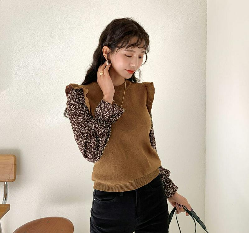 フローラルスリーブフリルニット・全3色・b64508 レディース【tops】【韓国 ファッション トップス ニット ニットトップス ロングスリーブ 長袖 ラウンドネック 花柄 異素材 フリル リブ 配色 コントラスト シンプル 大人 ガーリー 秋 冬】