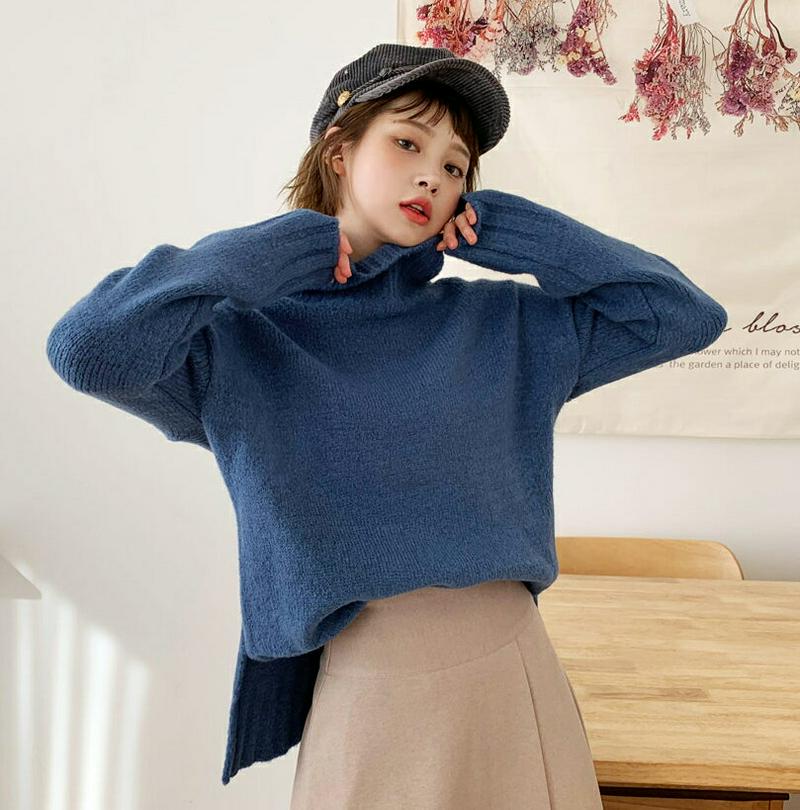 【只今15%OFF】ハイネックスリットヘムニット・全5色・b61876 レディース【tops】【韓国 ファッション トップス ニット ニットトップス ロングスリーブ 長袖 ハイネック スリット アンバランス丈 リブ シンプル 単色 無地 カジュアル ゆったり 秋 冬】