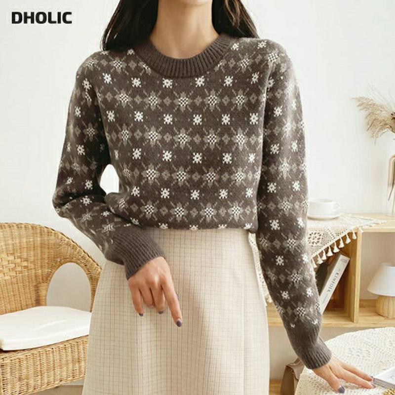 【只今15%OFF】ラウンドパターンニット・全2色・b61870 レディース【tops】【韓国 ファッション トップス ニット ニットトップス ロングスリーブ 長袖 ラウンドネック パターン パターンニット リブ 短丈 カジュアル かわいい ラフ 秋 冬】