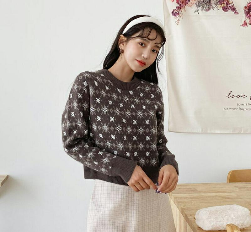 【只今15%OFF】ラウンドパターンニット・全2色・b61870 レディース【tops】【韓国 ファッション トップス ニット ニットトップス ロングスリーブ 長袖 ラウンドネック パターン パターンニット リブ 短丈 カジュアル かわいい ラフ 秋 冬】