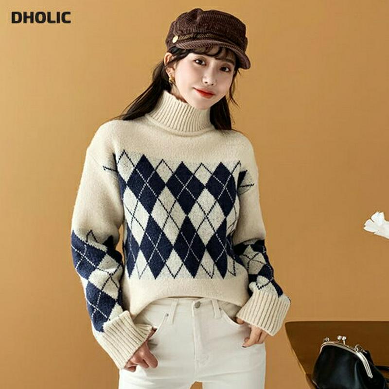 【只今15%OFF】ハイネックアーガイルニット・全3色・t61875 レディース【tops】【韓国 ファッション トップス ニット ニットトップス 長袖 ロングスリーブ ハイネック アーガイル柄 アーガイルニット リブ カジュアル ゆったり 秋 冬】