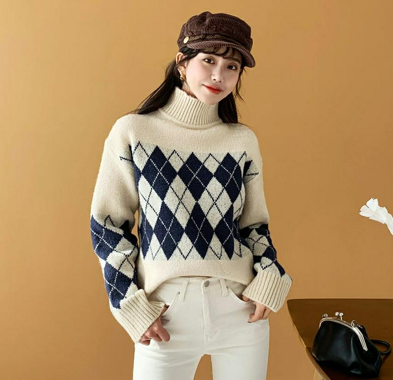 【只今15%OFF】ハイネックアーガイルニット・全3色・t61875 レディース【tops】【韓国 ファッション トップス ニット ニットトップス 長袖 ロングスリーブ ハイネック アーガイル柄 アーガイルニット リブ カジュアル ゆったり 秋 冬】